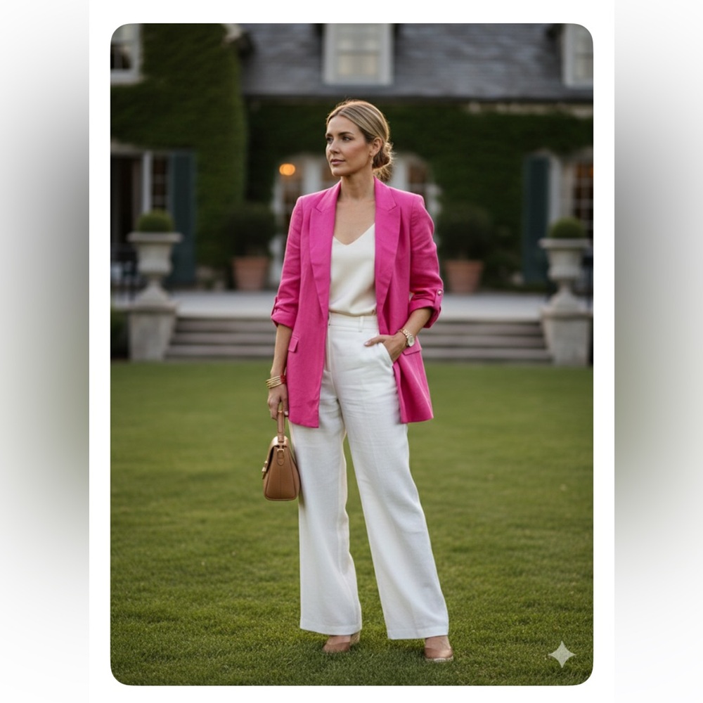 Tahari Fuchsia Pink Linen Blend Blazer - NWT Size L - 3/4 Roll-Tab Sleeve